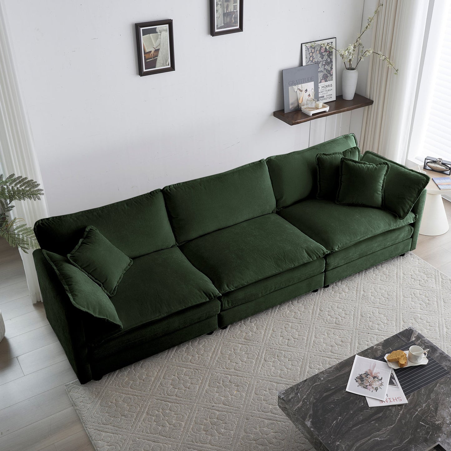 Mid - Century Modern Couch 3 - Seater Sofa with 2 Armrest Pillows and 3 Toss Pillows, Couch for Living Room Green Chenille - 1st Choice Furniture Direct