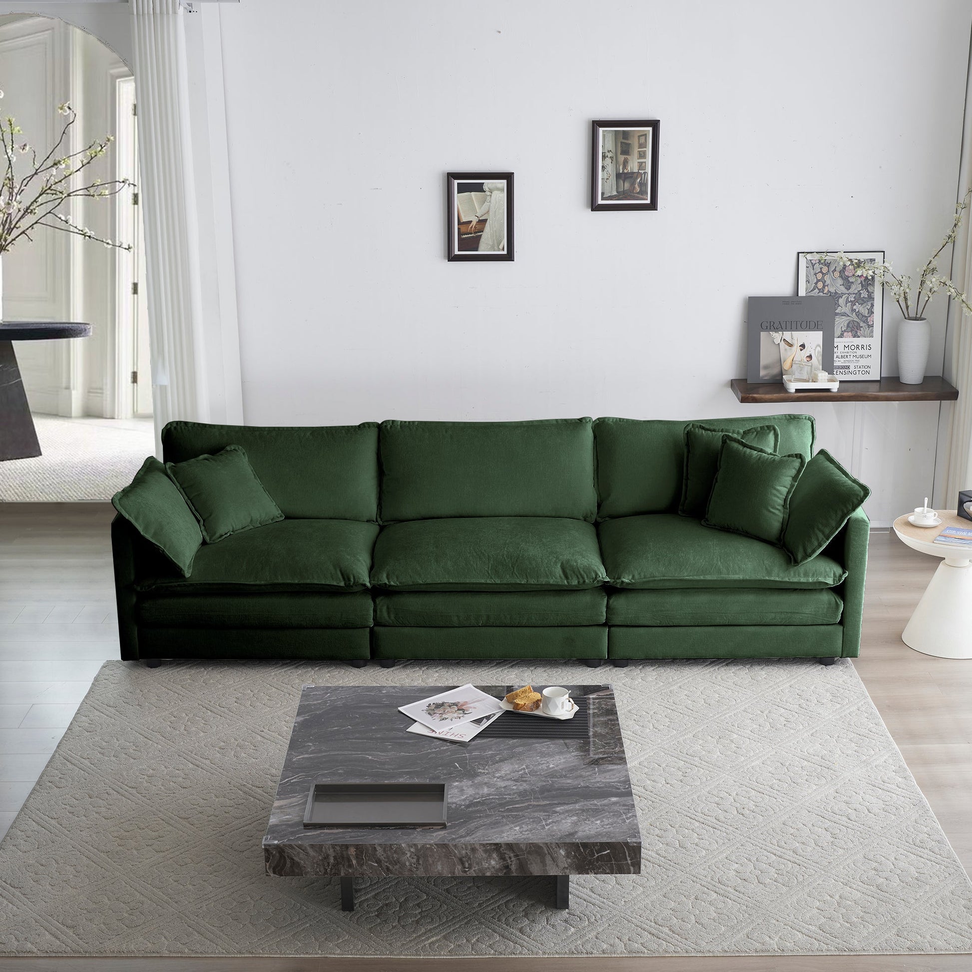 Mid - Century Modern Couch 3 - Seater Sofa with 2 Armrest Pillows and 3 Toss Pillows, Couch for Living Room Green Chenille - 1st Choice Furniture Direct