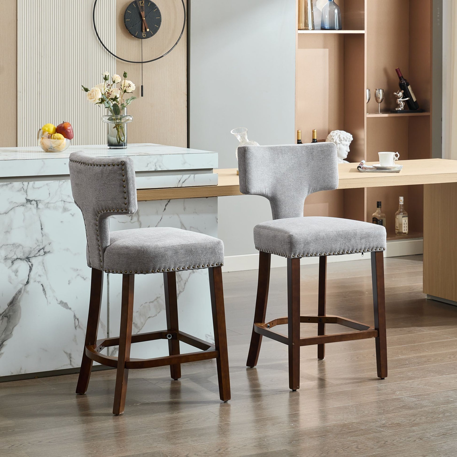 Mid Century Modern Counter Height Bar Stools Set of 2, Farmhouse Linen Fabric Upholstered Accent Chair Curved Backrest with Copper Nails around,Kitchen Chairs with Hardwood Frame, Gray - 1st Choice Furniture Direct