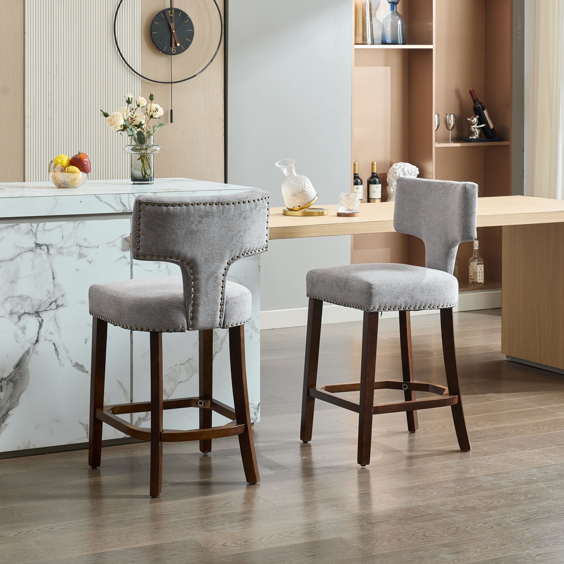 Mid Century Modern Counter Height Bar Stools Set of 2, Farmhouse Linen Fabric Upholstered Accent Chair Curved Backrest with Copper Nails around,Kitchen Chairs with Hardwood Frame, Gray - 1st Choice Furniture Direct