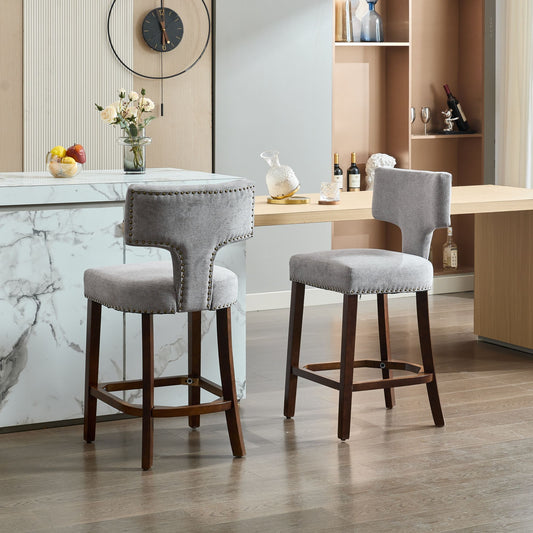 Mid Century Modern Counter Height Bar Stools Set of 2, Farmhouse Linen Fabric Upholstered Accent Chair Curved Backrest with Copper Nails around,Kitchen Chairs with Hardwood Frame, Gray - 1st Choice Furniture Direct