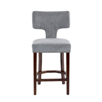 Mid Century Modern Counter Height Bar Stools Set of 2, Farmhouse Linen Fabric Upholstered Accent Chair Curved Backrest with Copper Nails around,Kitchen Chairs with Hardwood Frame, Gray - 1st Choice Furniture Direct