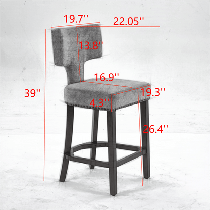 Mid Century Modern Counter Height Bar Stools Set of 2, Farmhouse Linen Fabric Upholstered Accent Chair Curved Backrest with Copper Nails around,Kitchen Chairs with Hardwood Frame, Gray - 1st Choice Furniture Direct