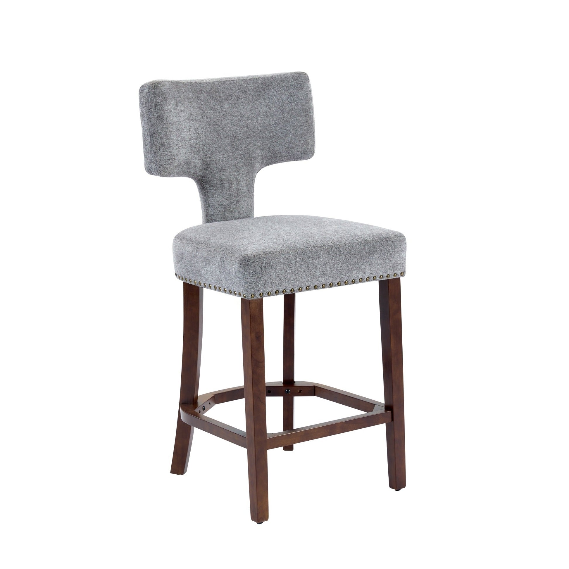 Mid Century Modern Counter Height Bar Stools Set of 2, Farmhouse Linen Fabric Upholstered Accent Chair Curved Backrest with Copper Nails around,Kitchen Chairs with Hardwood Frame, Gray - 1st Choice Furniture Direct