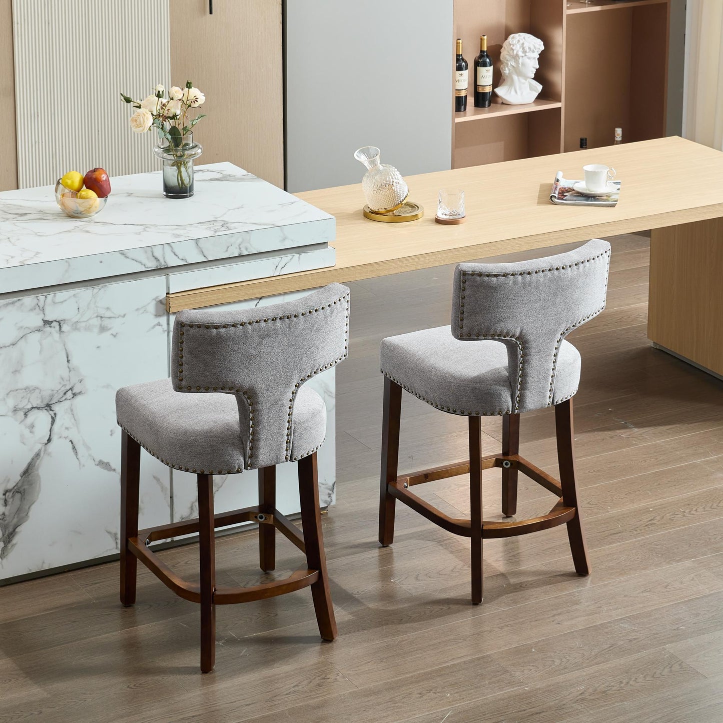 Mid Century Modern Counter Height Bar Stools Set of 2, Farmhouse Linen Fabric Upholstered Accent Chair Curved Backrest with Copper Nails around,Kitchen Chairs with Hardwood Frame, Gray - 1st Choice Furniture Direct