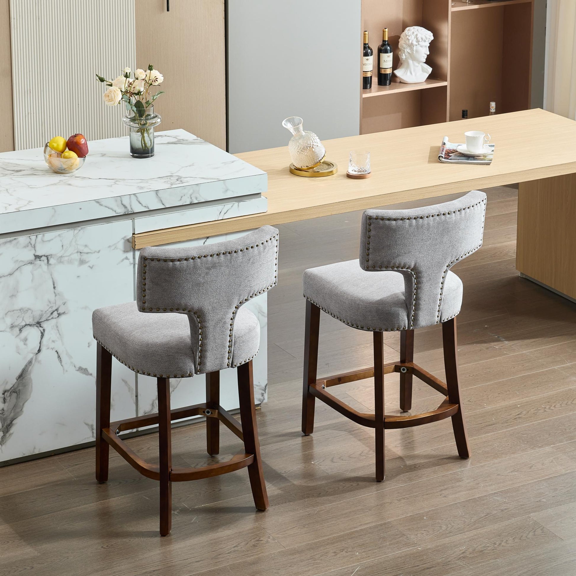 Mid Century Modern Counter Height Bar Stools Set of 2, Farmhouse Linen Fabric Upholstered Accent Chair Curved Backrest with Copper Nails around,Kitchen Chairs with Hardwood Frame, Gray - 1st Choice Furniture Direct