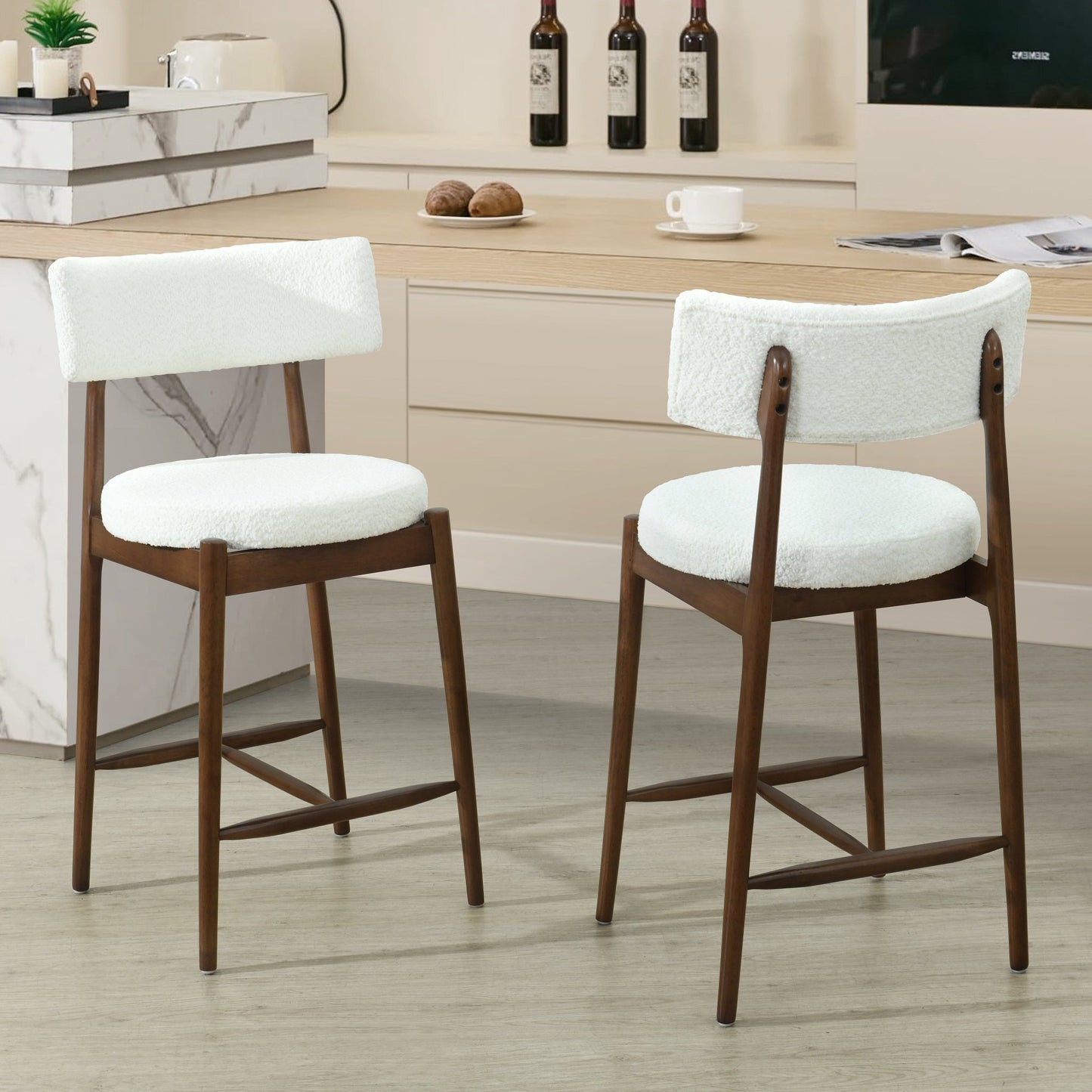 Mid Century Modern Counter Stool Set of 2 Walnut Beige Boucle 20x20x38.25 inches - 1st Choice Furniture Direct