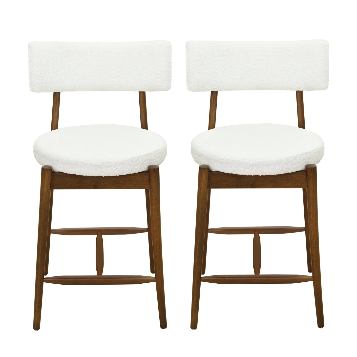 Mid Century Modern Counter Stool Set of 2 Walnut Beige Boucle 20x20x38.25 inches - 1st Choice Furniture Direct