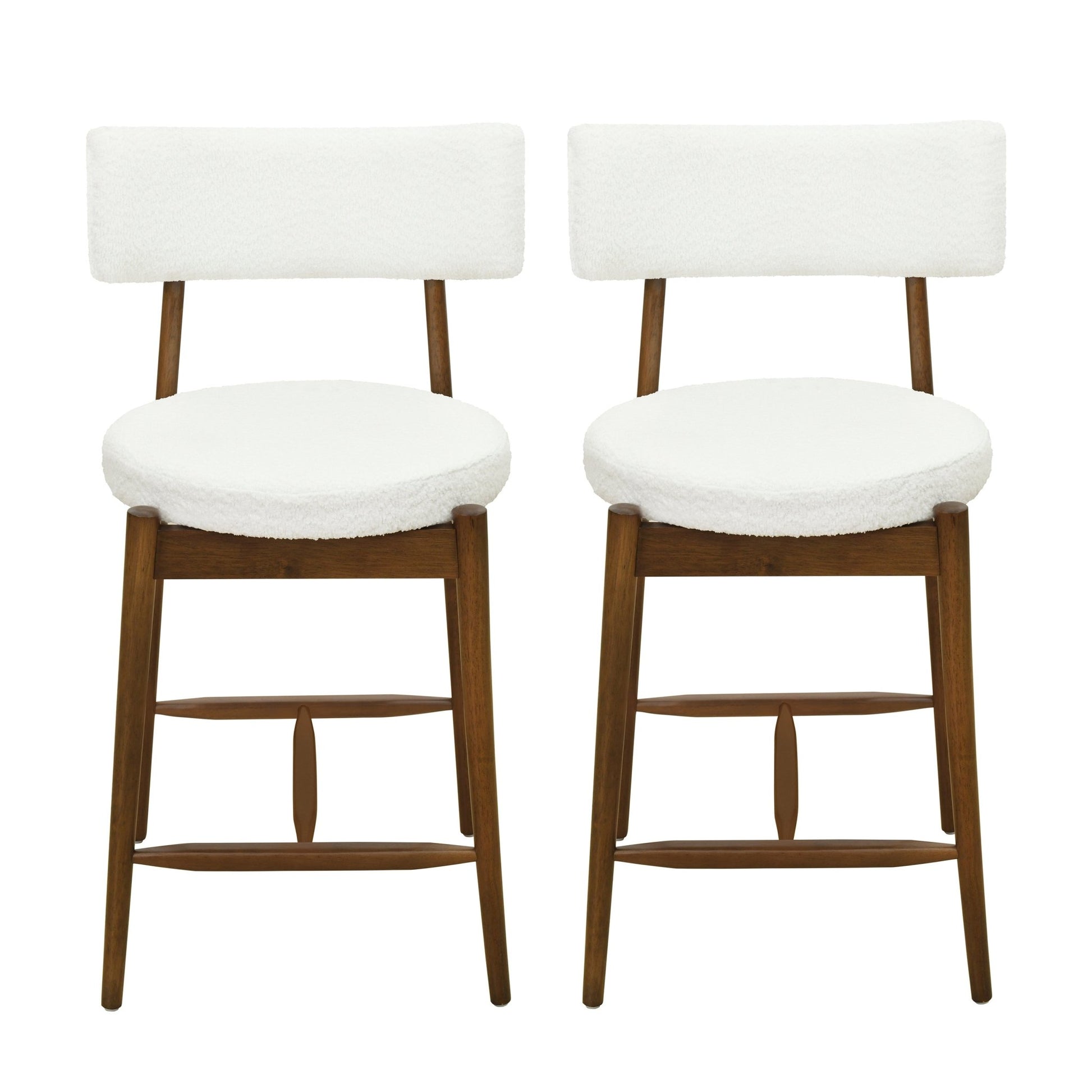 Mid Century Modern Counter Stool Set of 2 Walnut Beige Boucle 20x20x38.25 inches - 1st Choice Furniture Direct