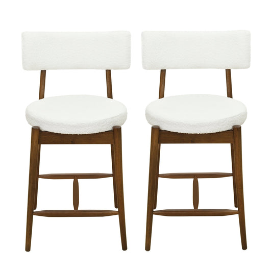 Mid Century Modern Counter Stool Set of 2 Walnut Beige Boucle 20x20x38.25 inches - 1st Choice Furniture Direct