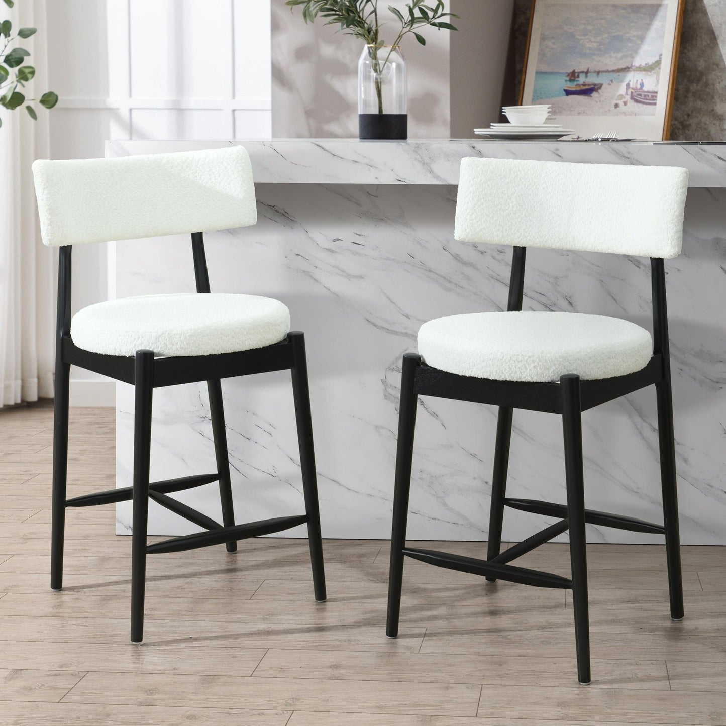 Mid Century Modern Counter Stool Set of 2 with Upholstered Seat, Black and Beige, Rubber Wood Frame - 1st Choice Furniture Direct