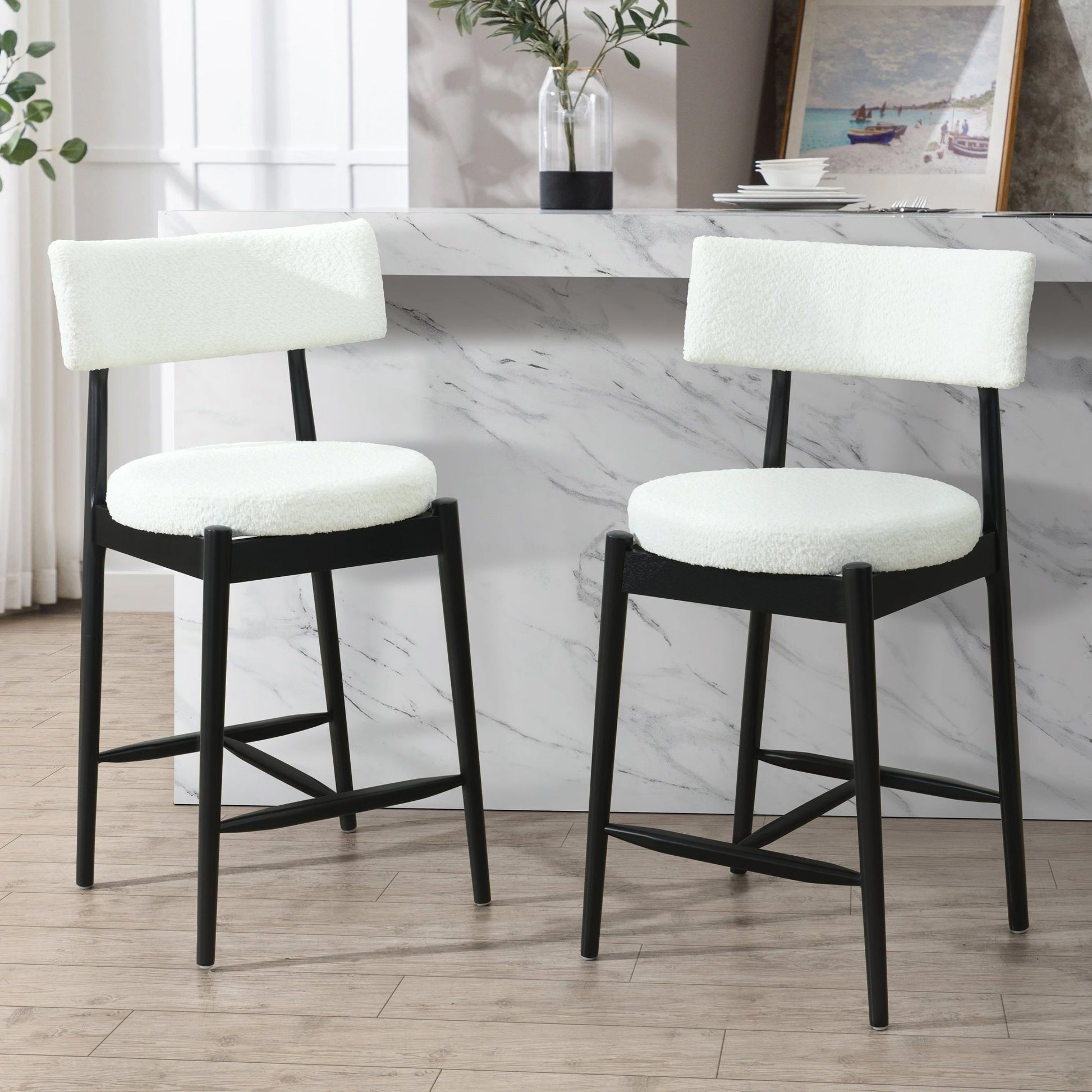 Mid Century Modern Counter Stool Set of 2 with Upholstered Seat, Black and Beige, Rubber Wood Frame - 1st Choice Furniture Direct
