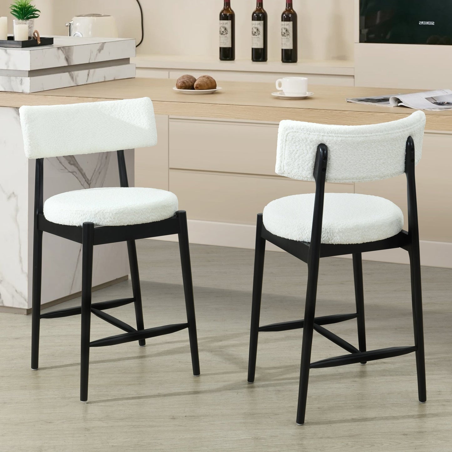Mid Century Modern Counter Stool Set of 2 with Upholstered Seat, Black and Beige, Rubber Wood Frame - 1st Choice Furniture Direct