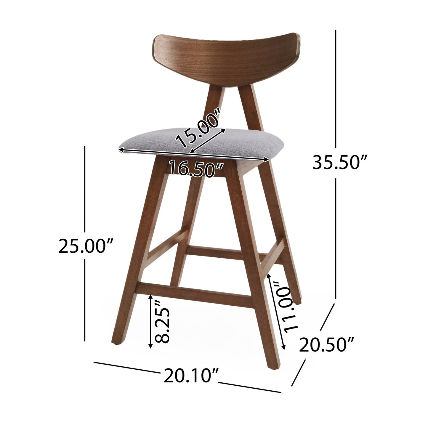 Mid - Century Modern Counter Stool Set of 2 with Upholstered Seating and Dark Grey Fabric - 1st Choice Furniture Direct