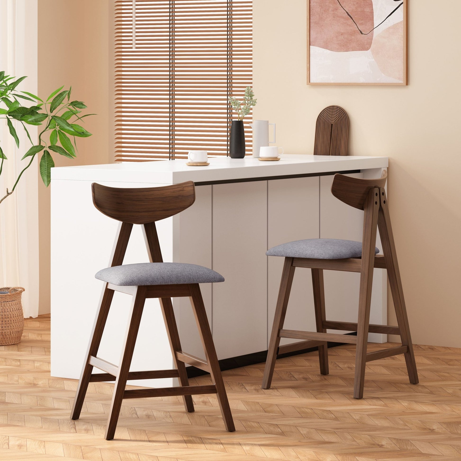 Mid - Century Modern Counter Stool Set of 2 with Upholstered Seating and Dark Grey Fabric - 1st Choice Furniture Direct