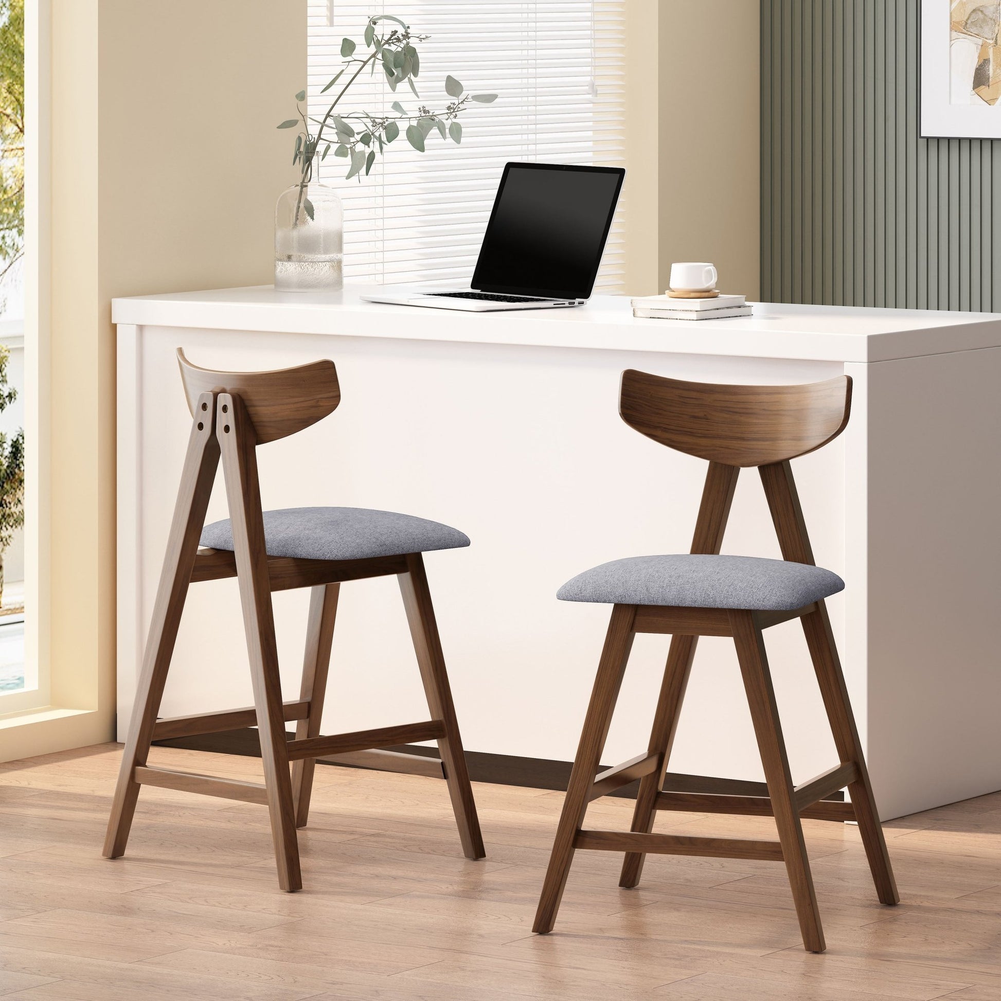 Mid - Century Modern Counter Stool Set of 2 with Upholstered Seating and Dark Grey Fabric - 1st Choice Furniture Direct