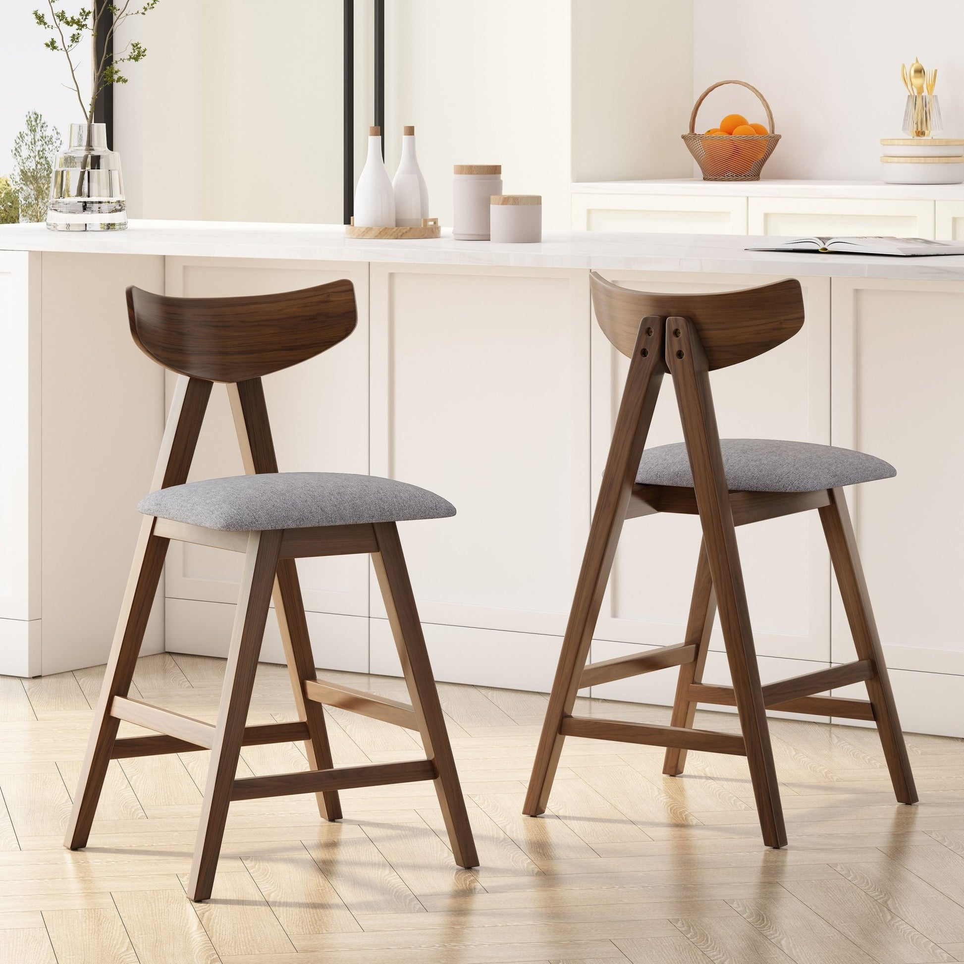Mid - Century Modern Counter Stool Set of 2 with Upholstered Seating and Dark Grey Fabric - 1st Choice Furniture Direct