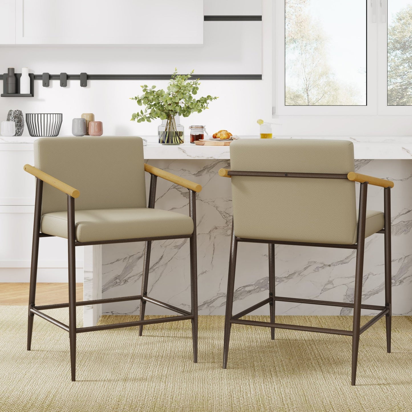 Mid - Century Modern Counter Stool Set with Espresso Metal Frame and Khaki Cushions - 1st Choice Furniture Direct