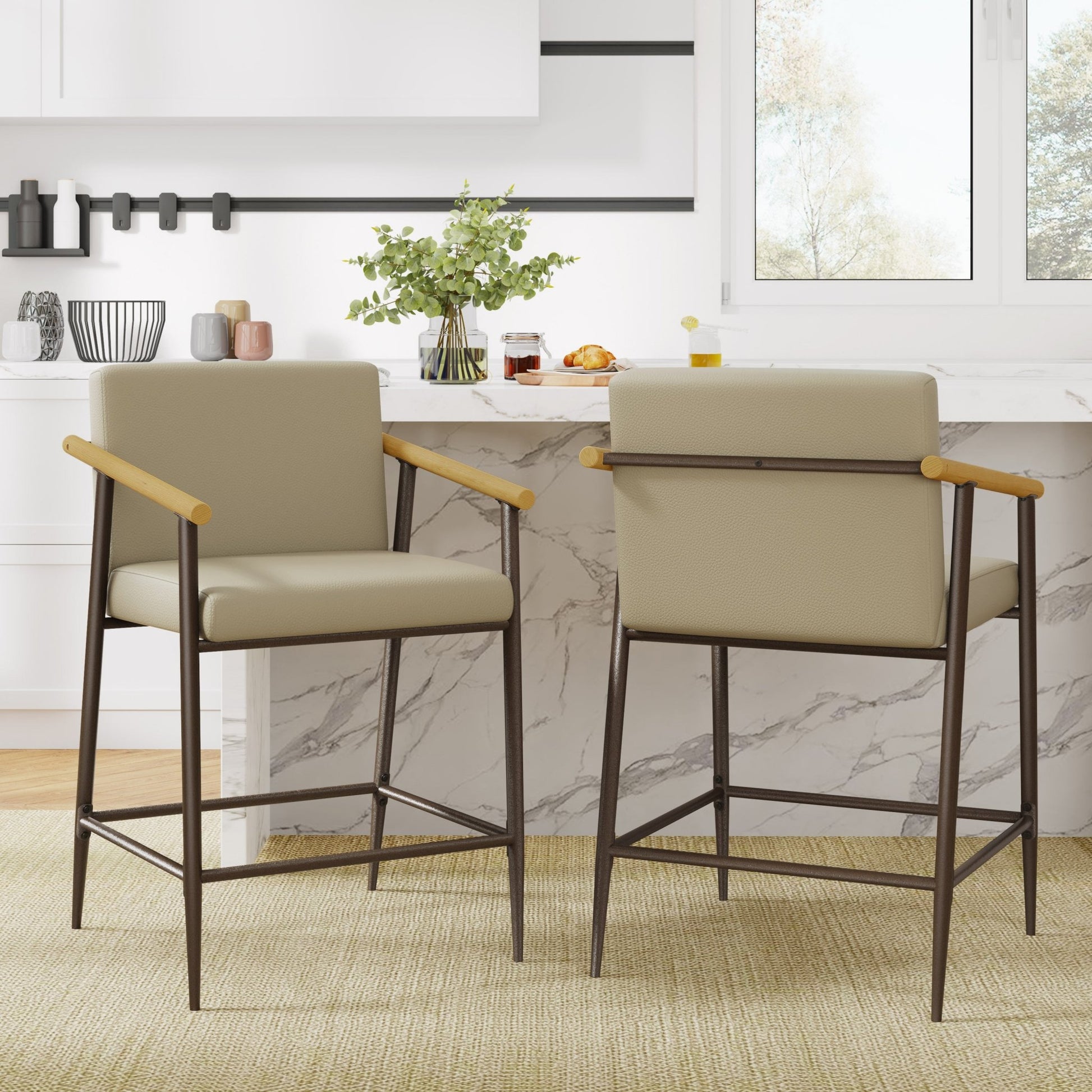 Mid - Century Modern Counter Stool Set with Espresso Metal Frame and Khaki Cushions - 1st Choice Furniture Direct