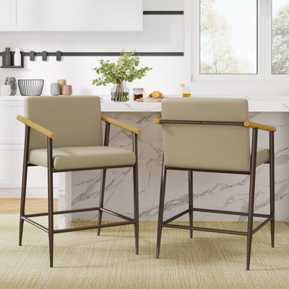 Mid - Century Modern Counter Stool Set with Espresso Metal Frame and Khaki Cushions - 1st Choice Furniture Direct