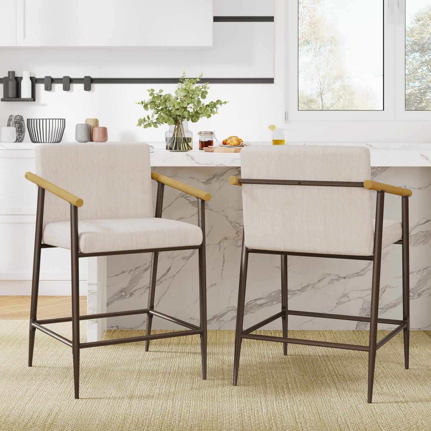 Mid - Century Modern Counter Stool Set with Iron Frame in Espresso and Beige Fabric - 1st Choice Furniture Direct