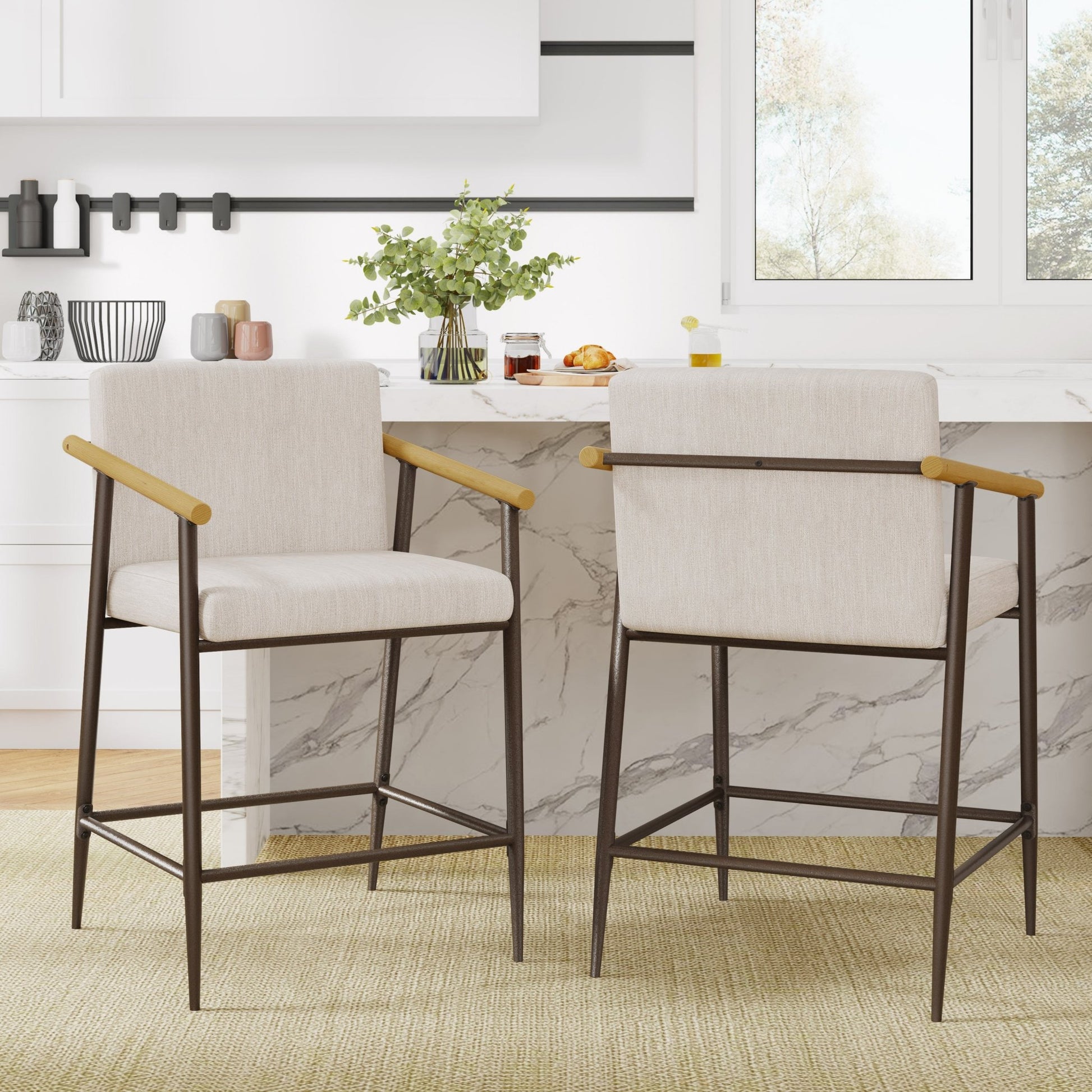 Mid - Century Modern Counter Stool Set with Iron Frame in Espresso and Beige Fabric - 1st Choice Furniture Direct