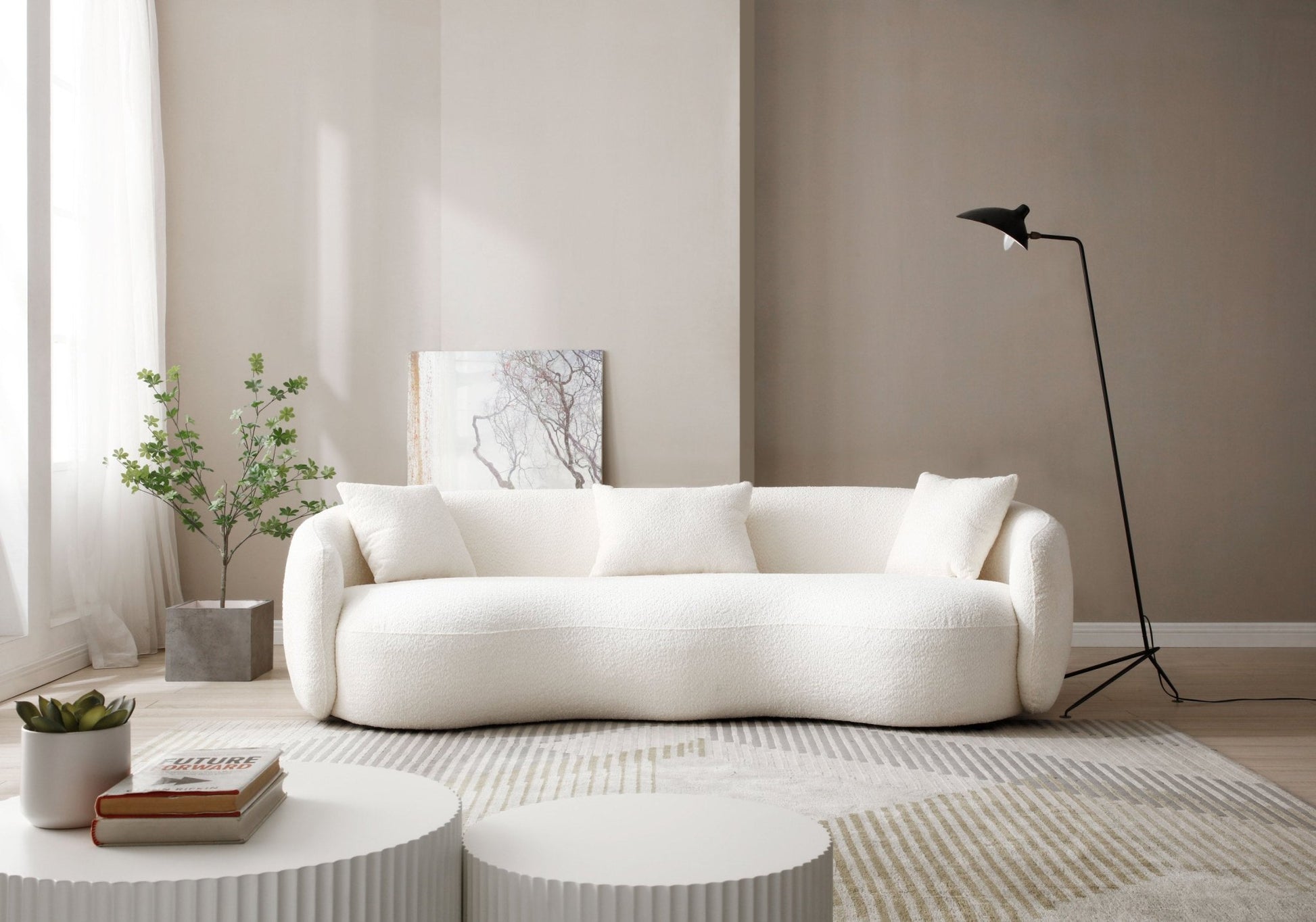Mid Century Modern Curved Living Room Sofa, 4-Seat Boucle Fabric Couch for Bedroom, Office, Apartment, off white(beige and white) - 1st Choice Furniture Direct