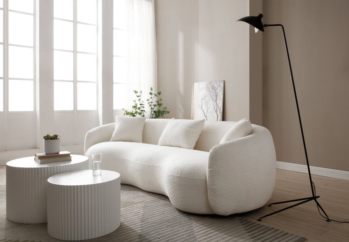 Mid Century Modern Curved Living Room Sofa, 4-Seat Boucle Fabric Couch for Bedroom, Office, Apartment, off white(beige and white) - 1st Choice Furniture Direct