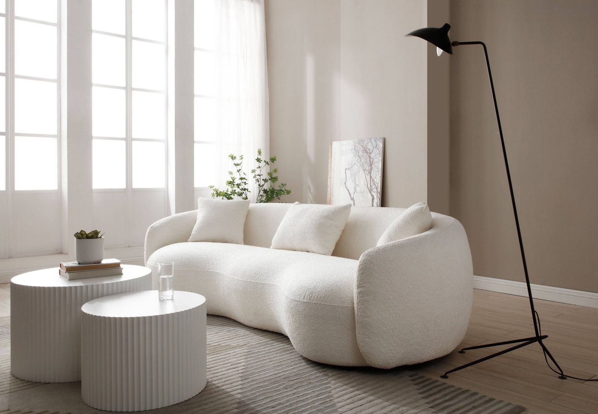 Mid Century Modern Curved Living Room Sofa, 4-Seat Boucle Fabric Couch for Bedroom, Office, Apartment, off white(beige and white) - 1st Choice Furniture Direct