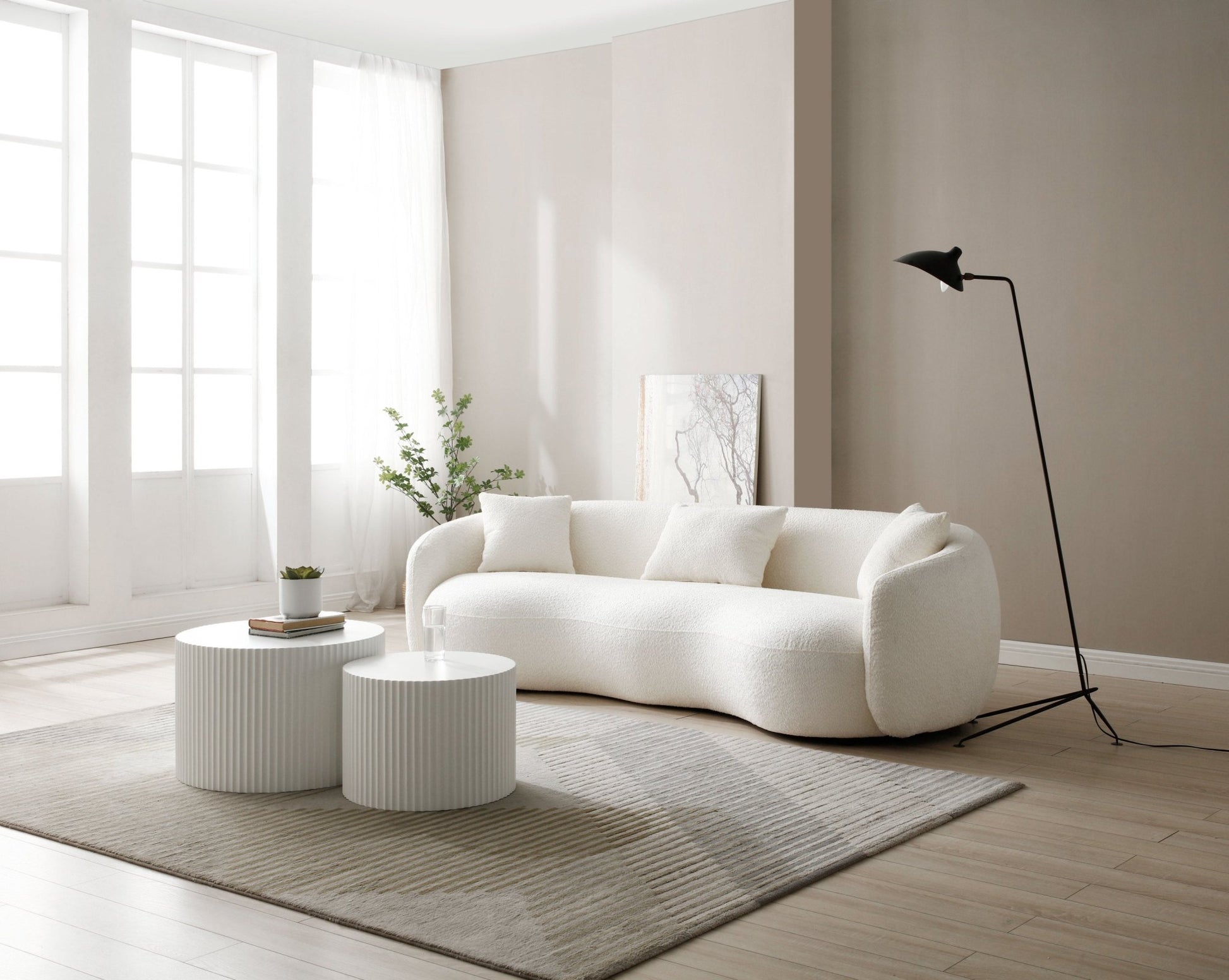 Mid Century Modern Curved Living Room Sofa, 4-Seat Boucle Fabric Couch for Bedroom, Office, Apartment, off white(beige and white) - 1st Choice Furniture Direct