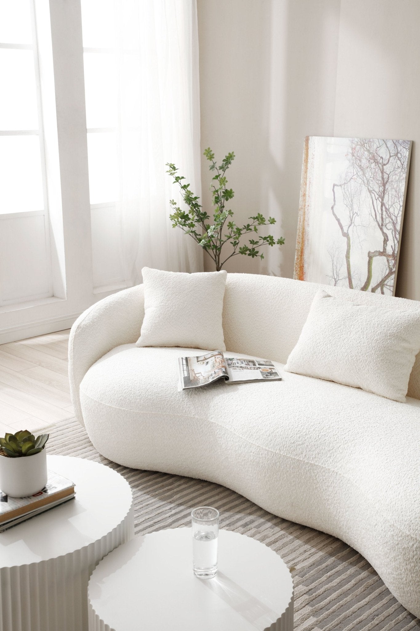 Mid Century Modern Curved Living Room Sofa, 4-Seat Boucle Fabric Couch for Bedroom, Office, Apartment, off white(beige and white) - 1st Choice Furniture Direct