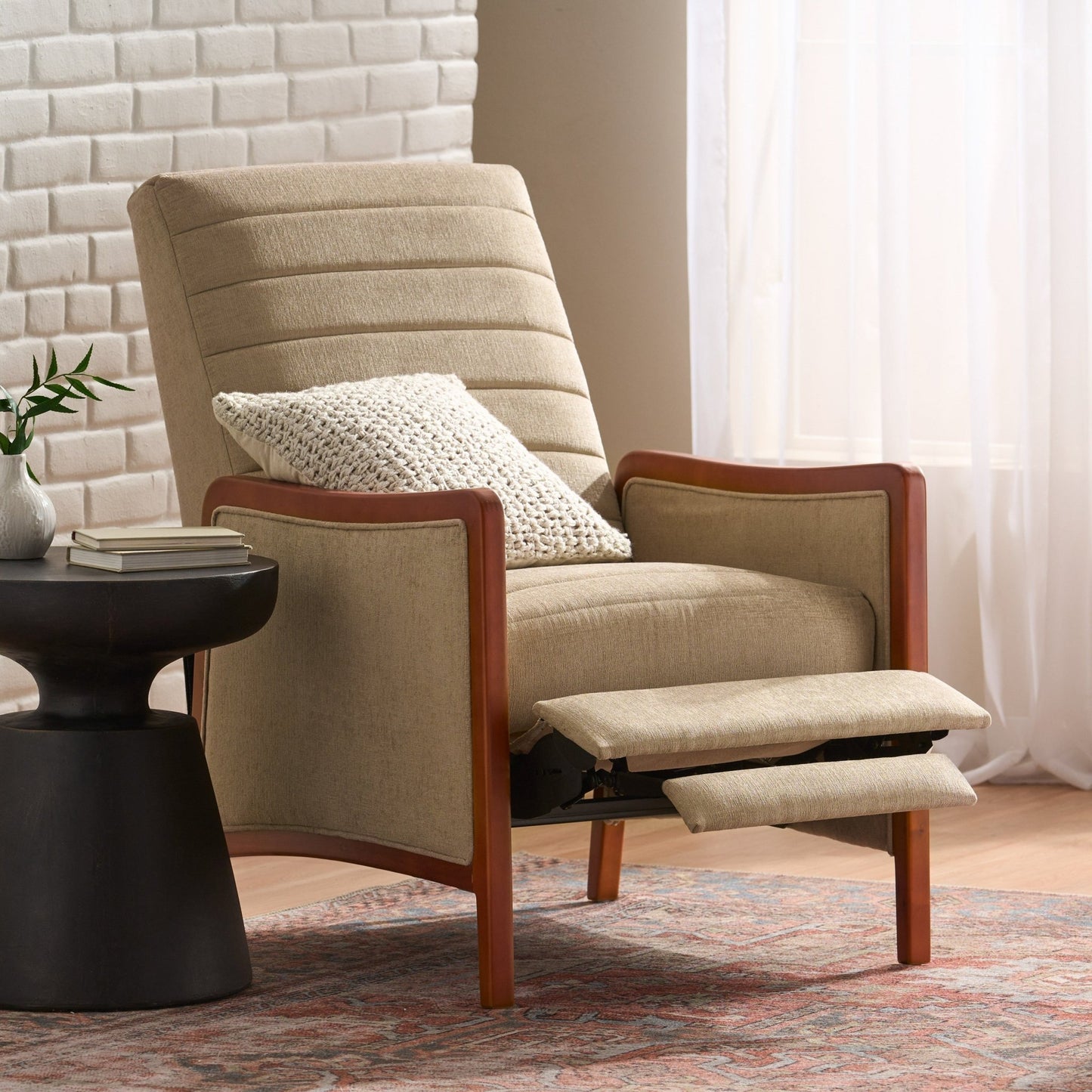 Mid Century Modern Fabric Channel Stitch Wood Pushback Recliner in Sand Color - 1st Choice Furniture Direct