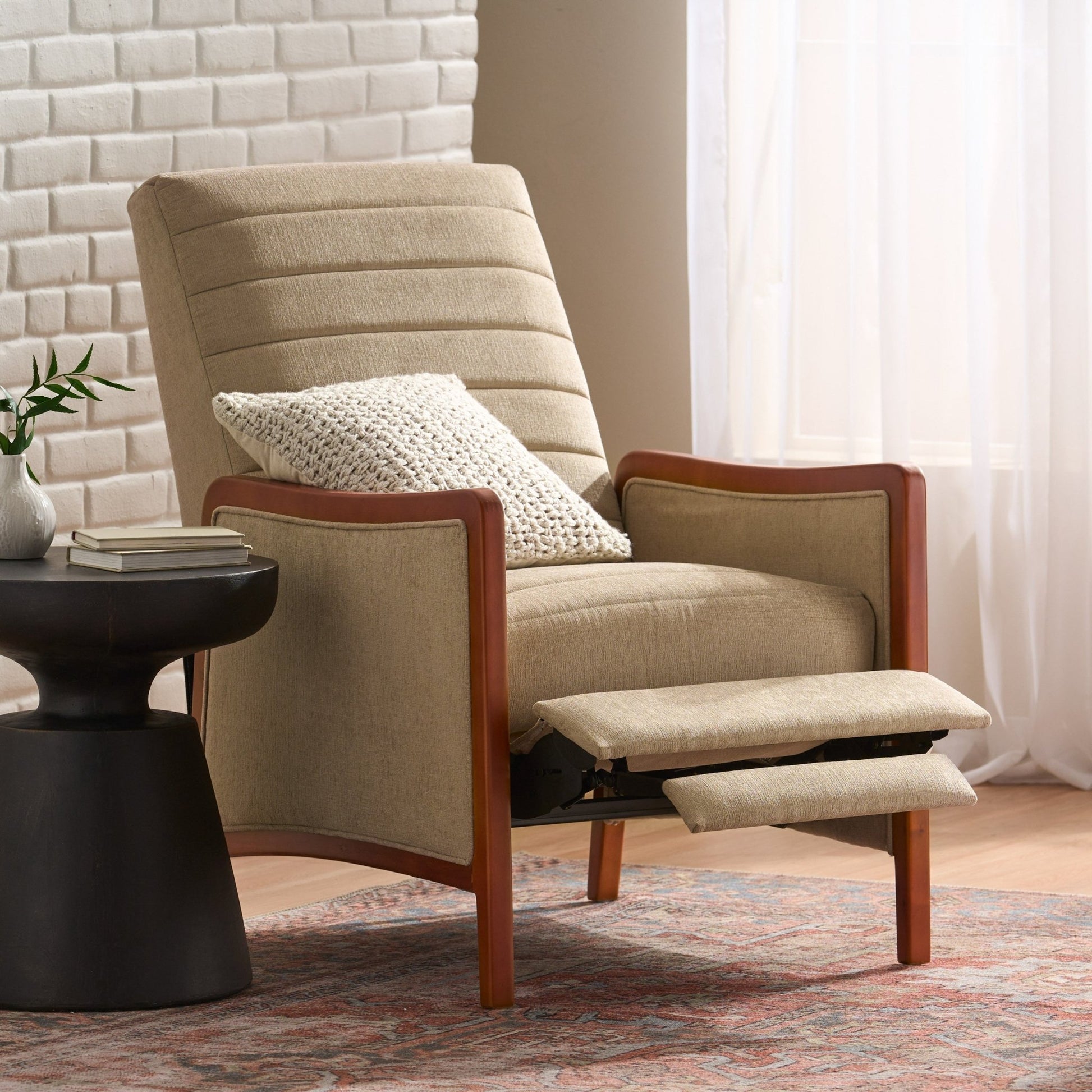 Mid Century Modern Fabric Channel Stitch Wood Pushback Recliner in Sand Color - 1st Choice Furniture Direct