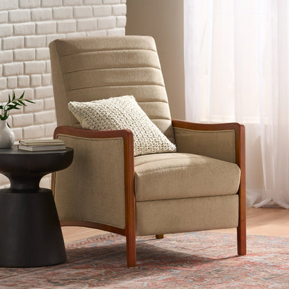 Mid Century Modern Fabric Channel Stitch Wood Pushback Recliner in Sand Color - 1st Choice Furniture Direct