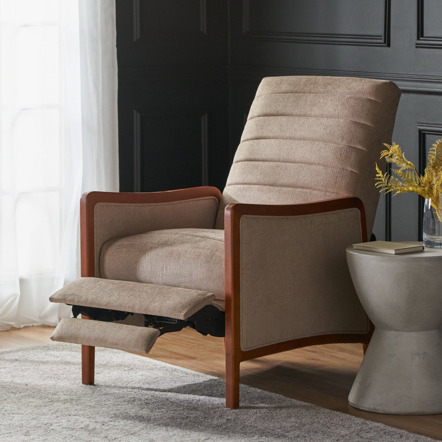Mid Century Modern Fabric Channel Stitch Wood Pushback Recliner in Sand Color - 1st Choice Furniture Direct