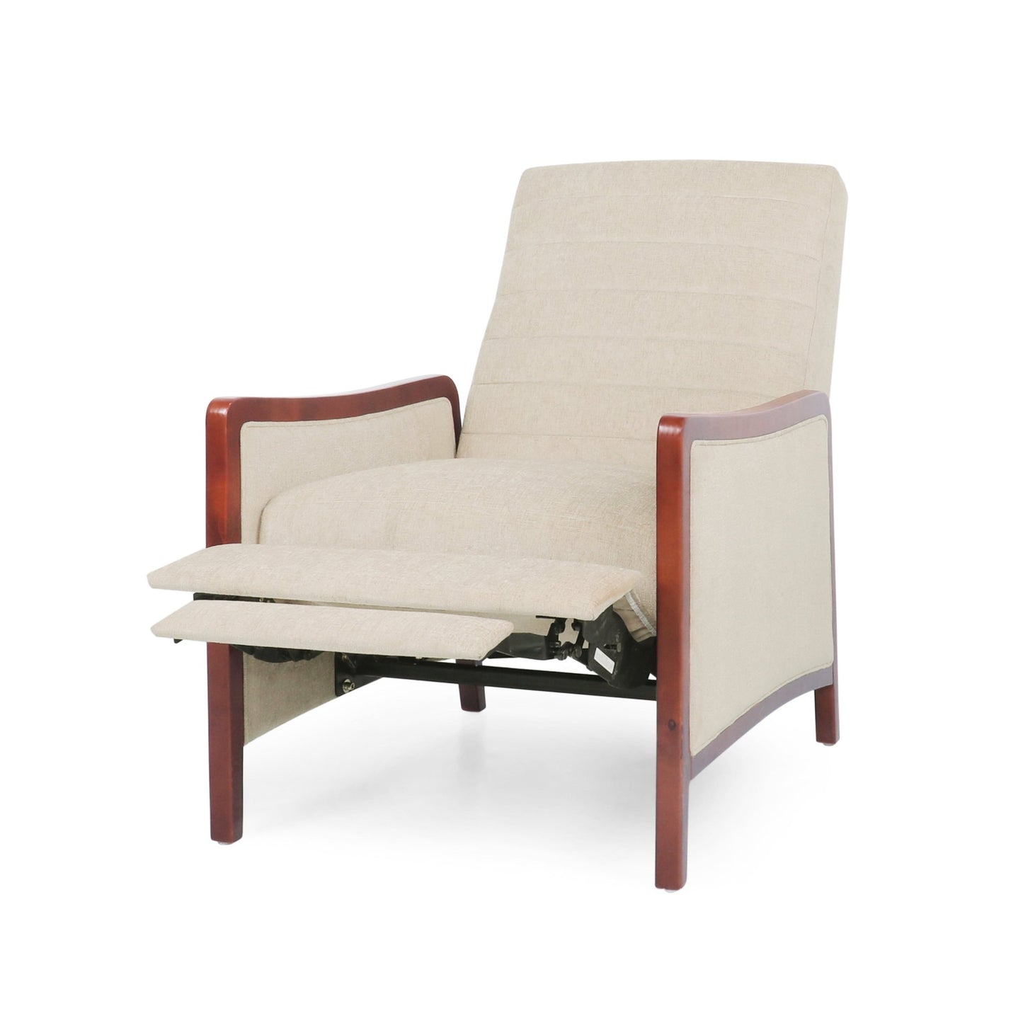 Mid Century Modern Fabric Channel Stitch Wood Pushback Recliner in Sand Color - 1st Choice Furniture Direct