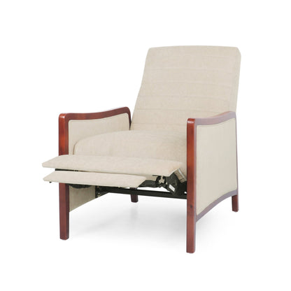 Mid Century Modern Fabric Channel Stitch Wood Pushback Recliner in Sand Color - 1st Choice Furniture Direct
