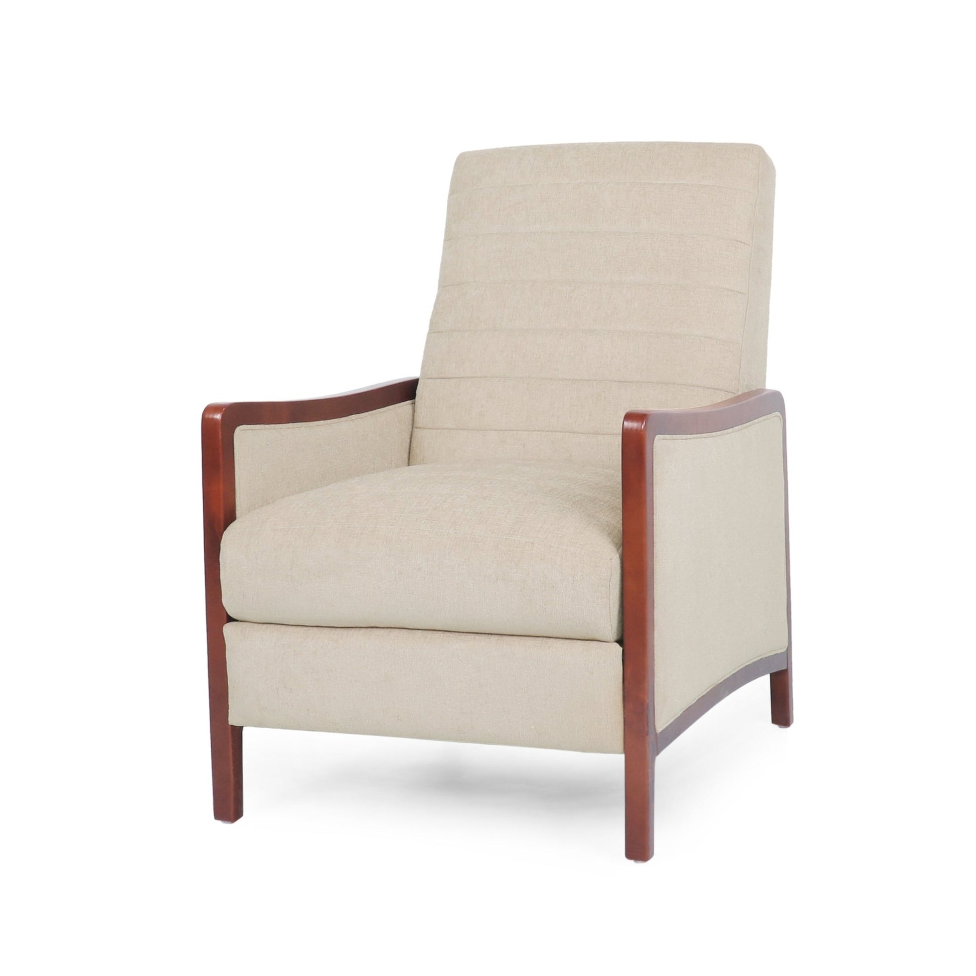 Mid Century Modern Fabric Channel Stitch Wood Pushback Recliner in Sand Color - 1st Choice Furniture Direct