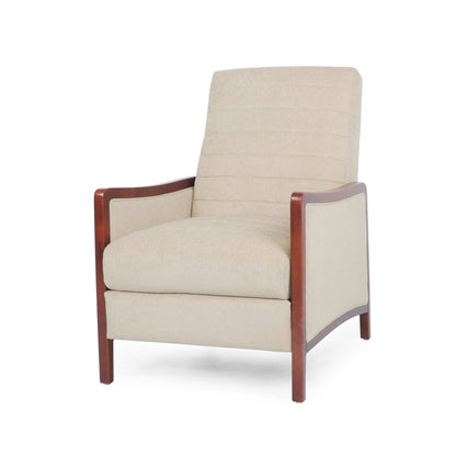 Mid Century Modern Fabric Channel Stitch Wood Pushback Recliner in Sand Color - 1st Choice Furniture Direct