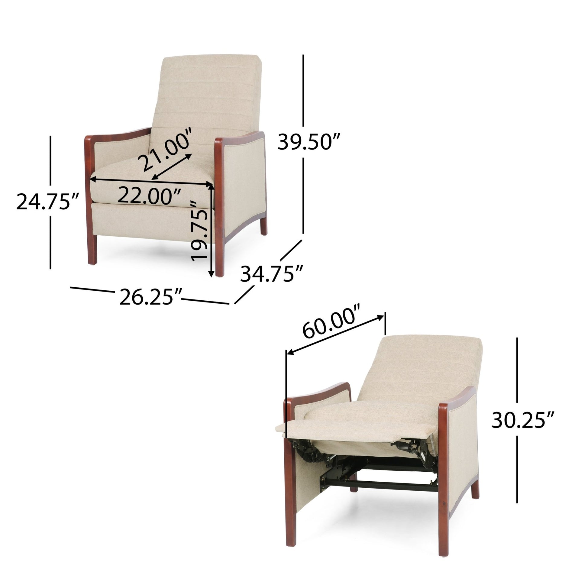 Mid Century Modern Fabric Channel Stitch Wood Pushback Recliner in Sand Color - 1st Choice Furniture Direct