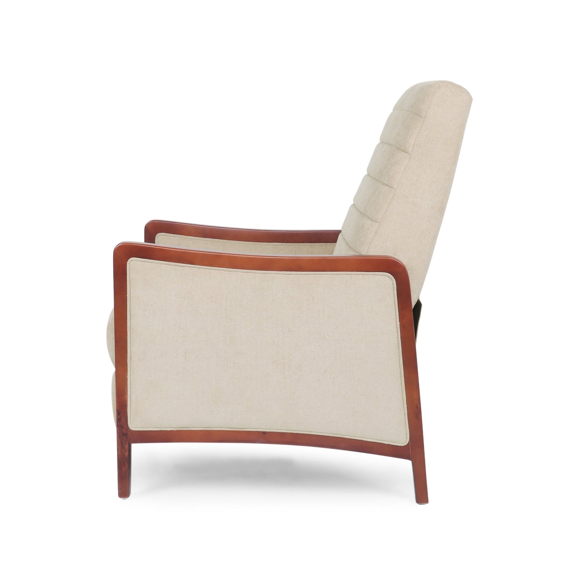 Mid Century Modern Fabric Channel Stitch Wood Pushback Recliner in Sand Color - 1st Choice Furniture Direct