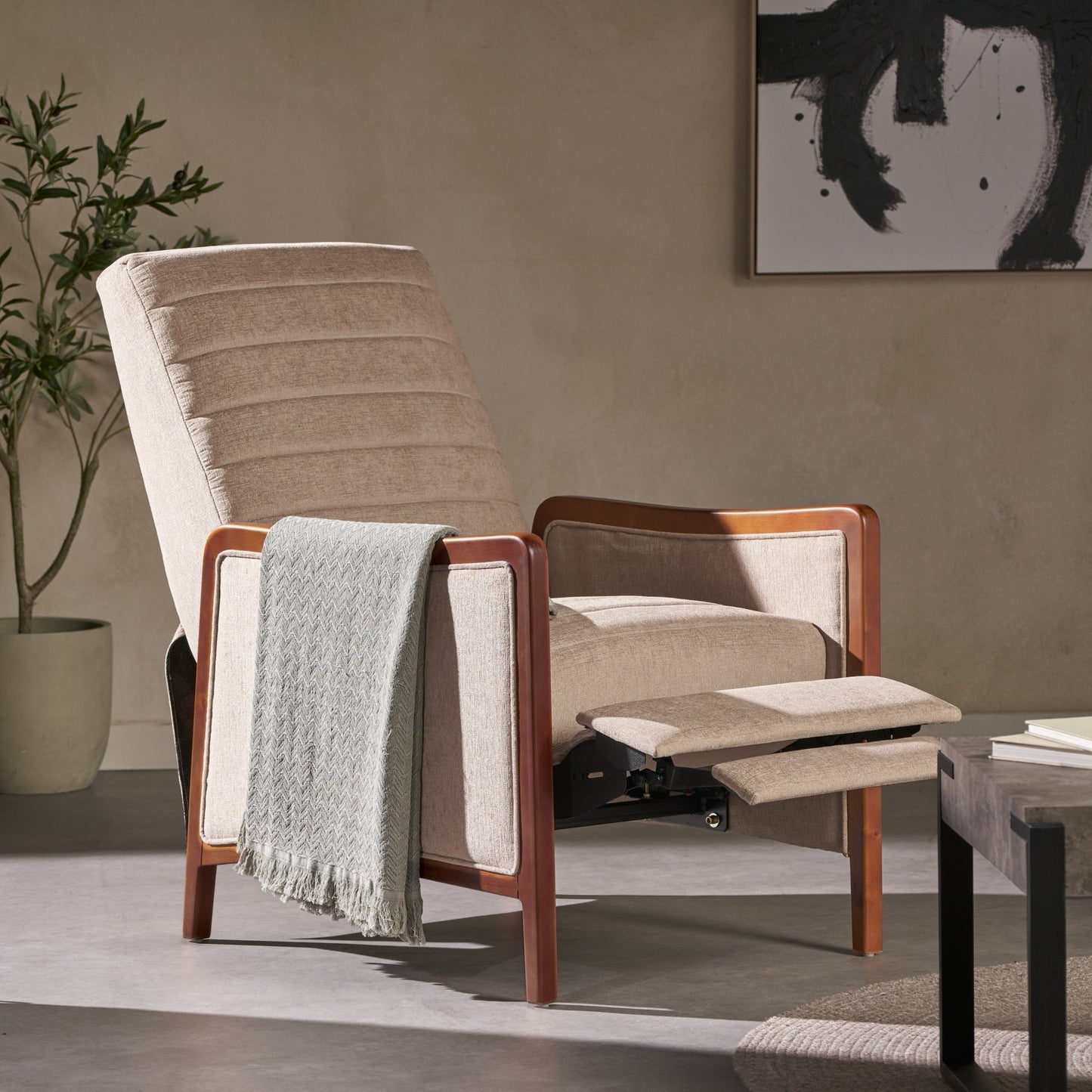 Mid Century Modern Fabric Channel Stitch Wood Pushback Recliner in Sand Color - 1st Choice Furniture Direct