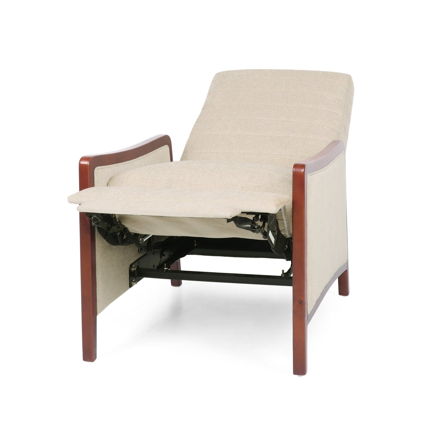 Mid Century Modern Fabric Channel Stitch Wood Pushback Recliner in Sand Color - 1st Choice Furniture Direct