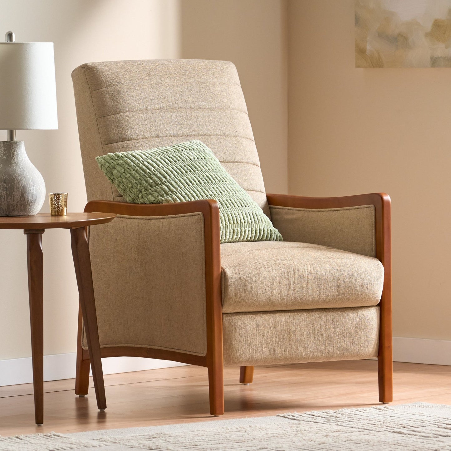 Mid Century Modern Fabric Channel Stitch Wood Pushback Recliner in Sand Color - 1st Choice Furniture Direct