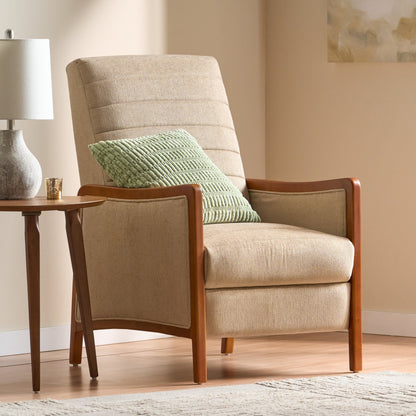Mid Century Modern Fabric Channel Stitch Wood Pushback Recliner in Sand Color - 1st Choice Furniture Direct