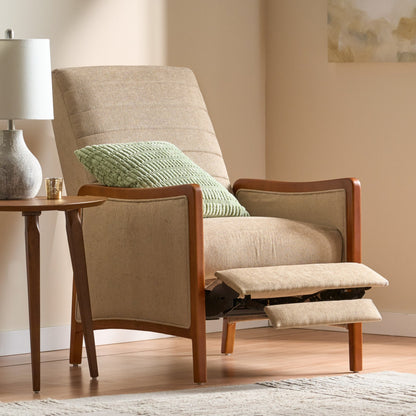Mid Century Modern Fabric Channel Stitch Wood Pushback Recliner in Sand Color - 1st Choice Furniture Direct