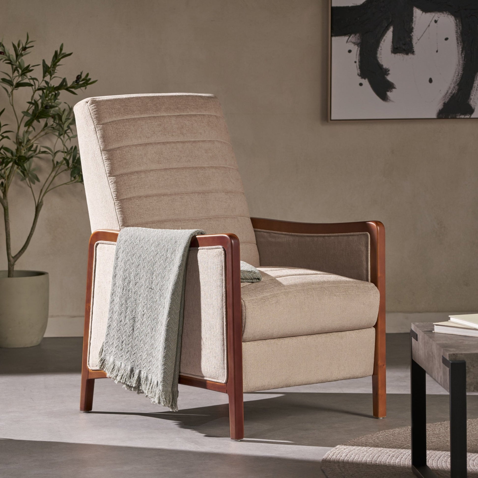 Mid Century Modern Fabric Channel Stitch Wood Pushback Recliner in Sand Color - 1st Choice Furniture Direct