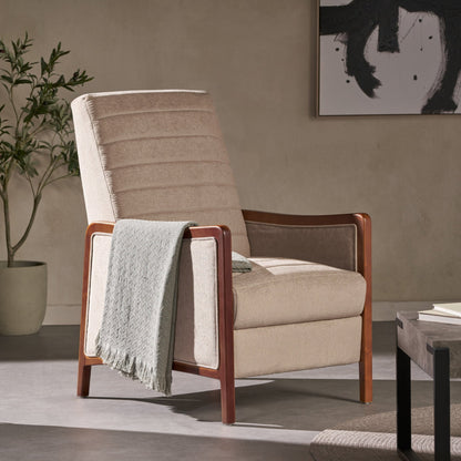 Mid Century Modern Fabric Channel Stitch Wood Pushback Recliner in Sand Color - 1st Choice Furniture Direct
