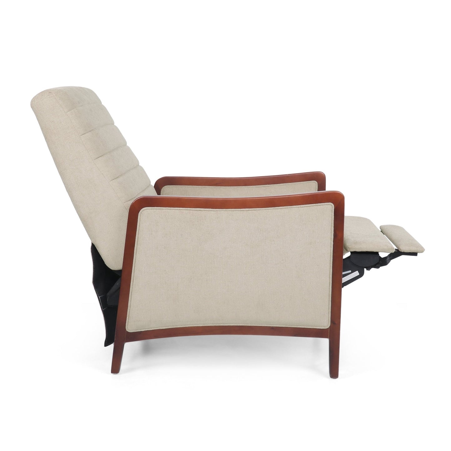 Mid Century Modern Fabric Channel Stitch Wood Pushback Recliner in Sand Color - 1st Choice Furniture Direct