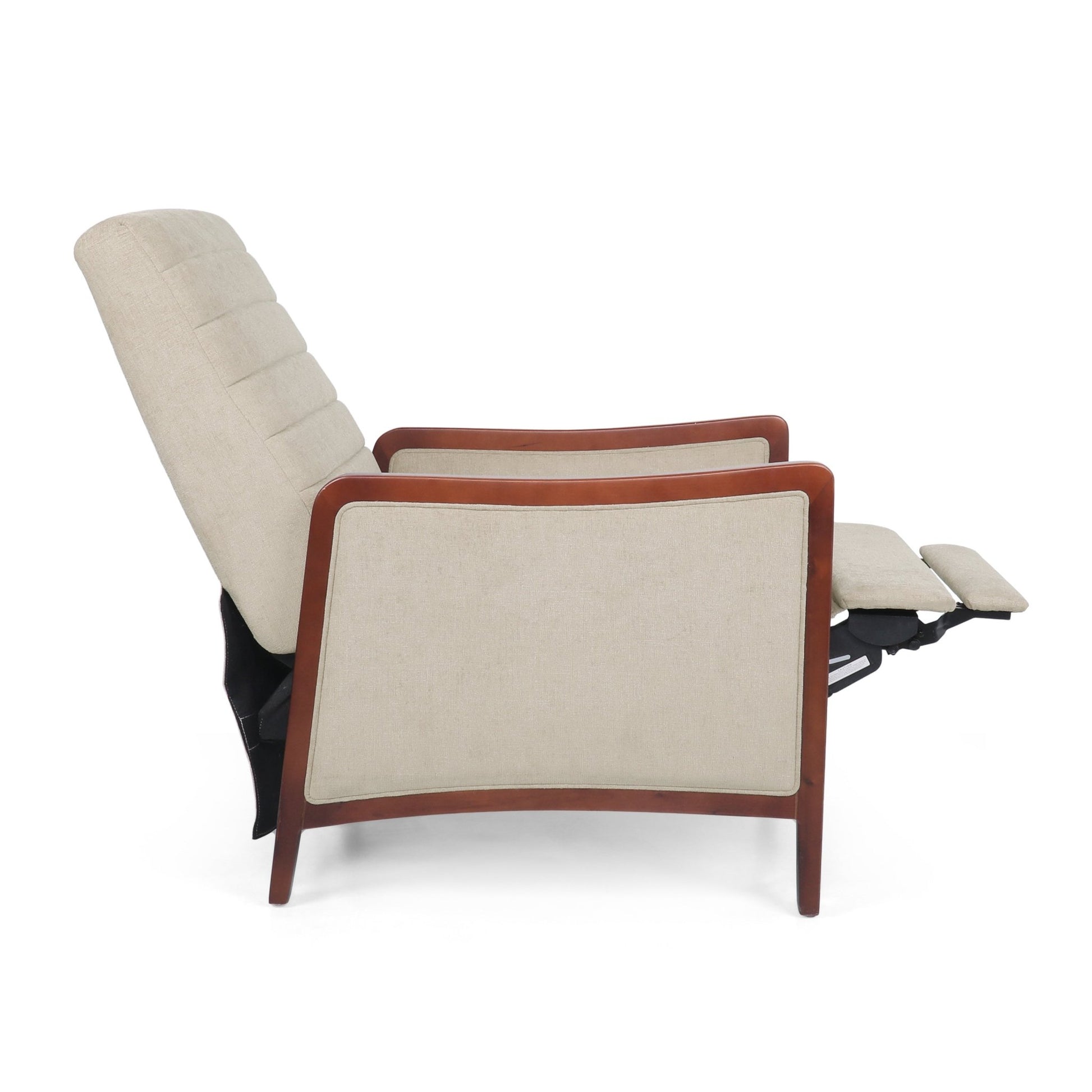 Mid Century Modern Fabric Channel Stitch Wood Pushback Recliner in Sand Color - 1st Choice Furniture Direct